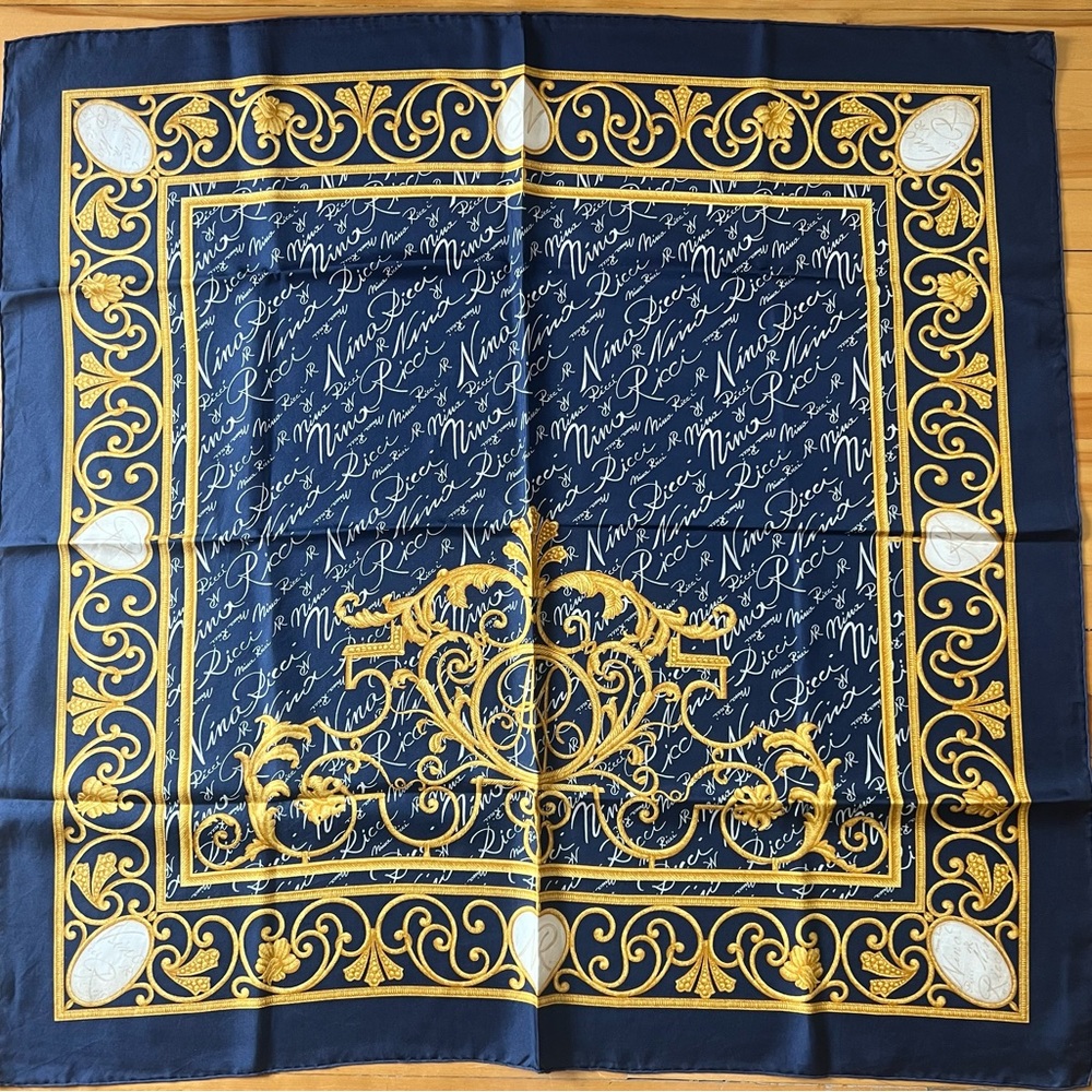 Nina Ricci Blue and Gold Patterned Scarf